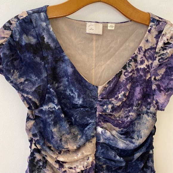 Anthropologie Postmark Y2K Watercolor Ruched Mesh on Mesh Peplum Top - Picture 2 of 12